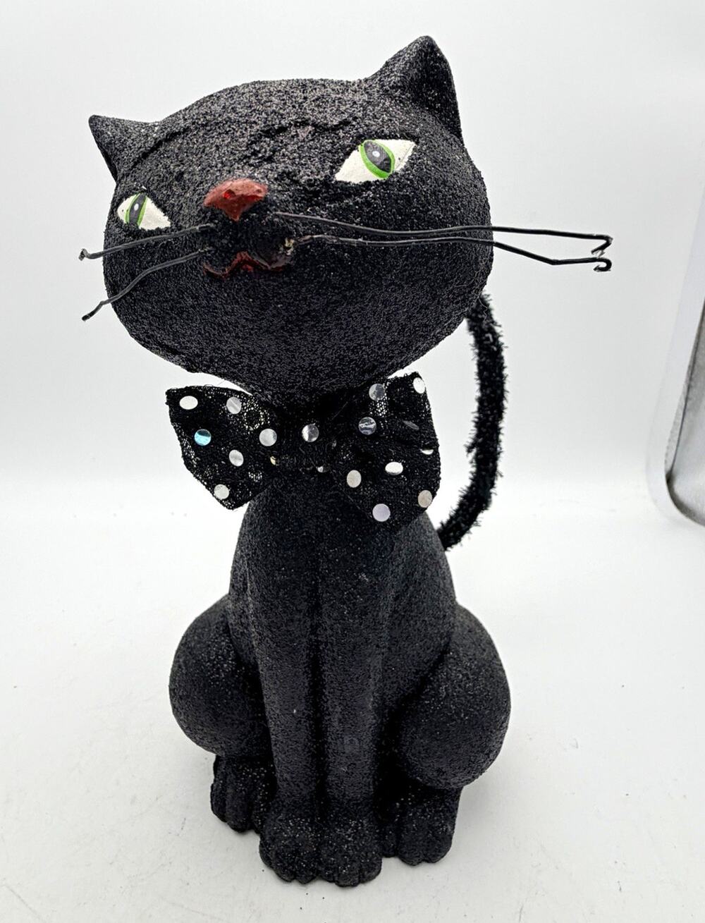 Black Cat Figurine With Polka Dot Bow Tie & Beaded Tail, Decorative Accent